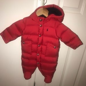 Infants red snowsuit.